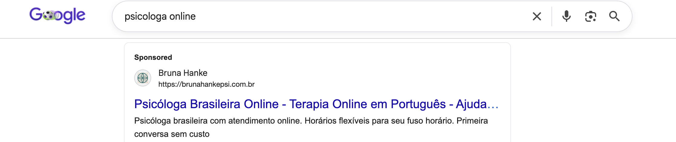 Print do anúncio da Bruna Hanke aparecendo no Google para a busca psicologa online